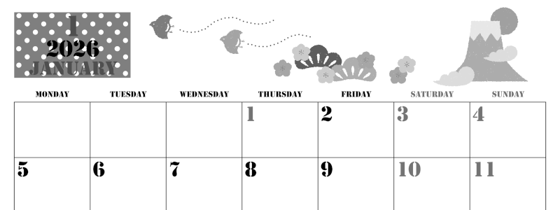 2026年1月横型モノクロの月曜始まり 和風な富士山イラストのかわいいA4無料白黒カレンダー(2026-00290101)