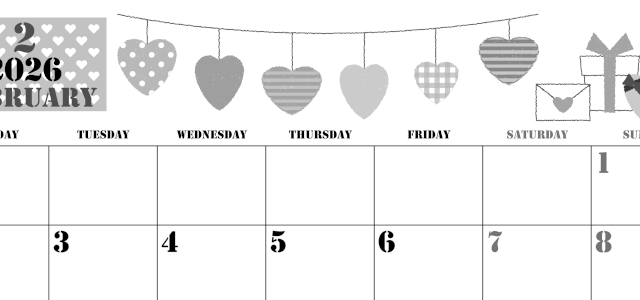 2026年2月横型モノクロの月曜始まり ラブレターイラストのかわいいA4無料白黒カレンダー(2026-00290201)