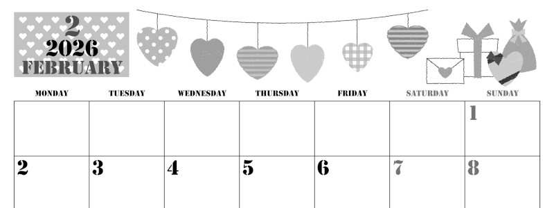 2026年2月横型モノクロの月曜始まり ラブレターイラストのかわいいA4無料白黒カレンダー(2026-00290201)