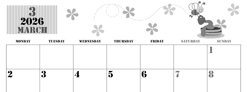 2026年3月横型モノクロの月曜始まり パンケーキイラストのかわいいA4無料白黒カレンダー(2026-00290301)
