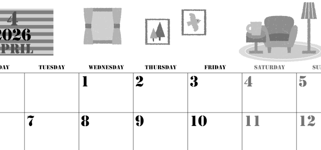 2026年4月横型モノクロの月曜始まり 新生活イラストのかわいいA4無料白黒カレンダー(2026-00290401)