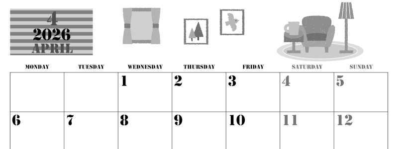 2026年4月横型モノクロの月曜始まり 新生活イラストのかわいいA4無料白黒カレンダー(2026-00290401)