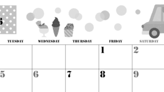 2026年5月横型モノクロの月曜始まり アイスクリームのイラストがかわいいA4無料白黒カレンダー(2026-00290501)