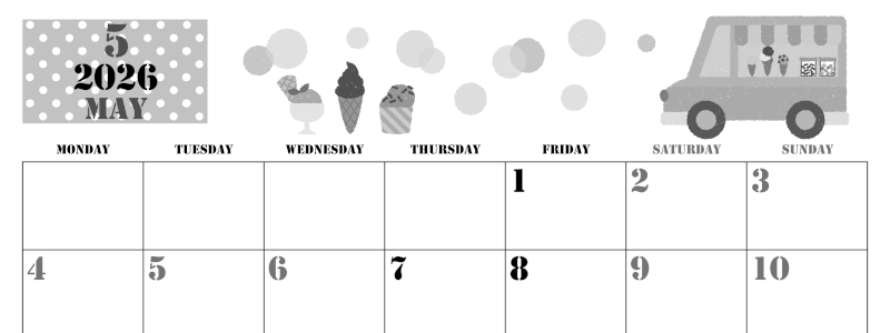 2026年5月横型モノクロの月曜始まり アイスクリームのイラストがかわいいA4無料白黒カレンダー(2026-00290501)