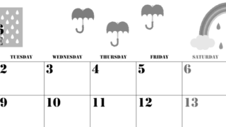 2026年6月横型モノクロの月曜始まり 虹イラストのかわいいA4無料白黒カレンダー(2026-00290601)