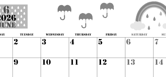 2026年6月横型モノクロの月曜始まり 虹イラストのかわいいA4無料白黒カレンダー(2026-00290601)