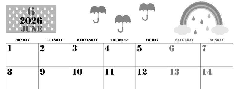 2026年6月横型モノクロの月曜始まり 虹イラストのかわいいA4無料白黒カレンダー(2026-00290601)