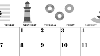 2026年7月横型モノクロの月曜始まり マリンなイラストのかわいいA4無料白黒カレンダー(2026-00290701)