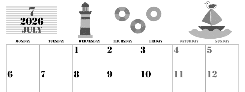 2026年7月横型モノクロの月曜始まり マリンなイラストのかわいいA4無料白黒カレンダー(2026-00290701)