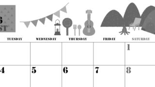 2026年8月横型モノクロの月曜始まり 夏休みイラストのかわいいA4無料白黒カレンダー(2026-00290801)