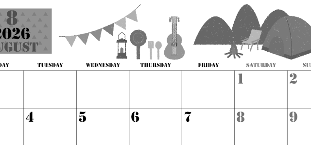 2026年8月横型モノクロの月曜始まり 夏休みイラストのかわいいA4無料白黒カレンダー(2026-00290801)