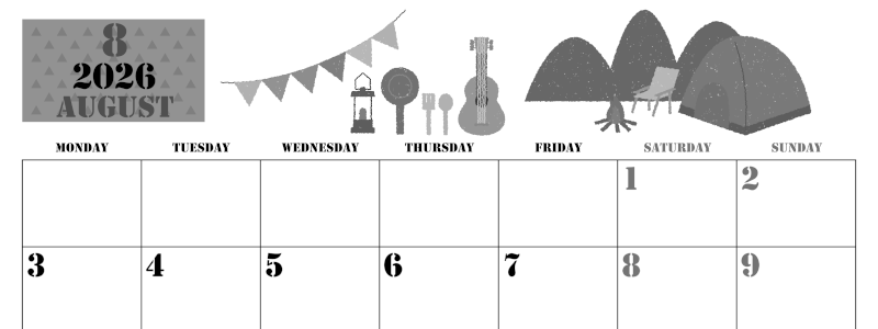 2026年8月横型モノクロの月曜始まり 夏休みイラストのかわいいA4無料白黒カレンダー(2026-00290801)