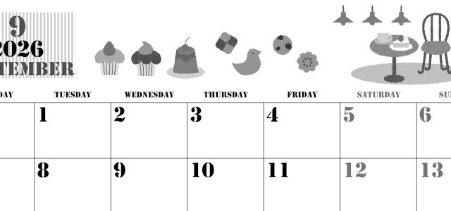 2026年9月横型モノクロの月曜始まり 食欲の秋イラストのかわいいA4無料白黒カレンダー(2026-00290901)