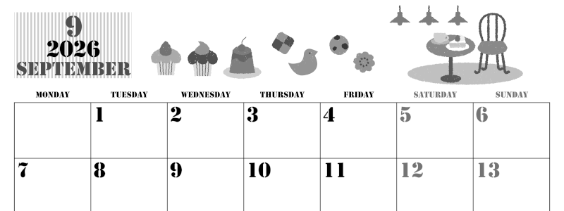 2026年9月横型モノクロの月曜始まり 食欲の秋イラストのかわいいA4無料白黒カレンダー(2026-00290901)