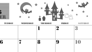 2026年10月横型モノクロの月曜始まり ハロウィンイラストがかわいいA4無料白黒カレンダー(2026-00291001)