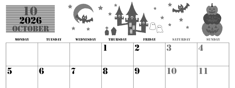 2026年10月横型モノクロの月曜始まり ハロウィンイラストがかわいいA4無料白黒カレンダー(2026-00291001)