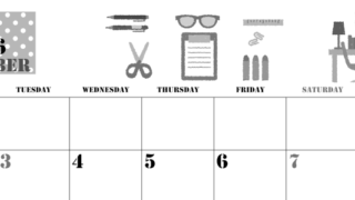 2026年11月横型モノクロの月曜始まり 文房具イラストのかわいいA4無料白黒カレンダー(2026-00291101)