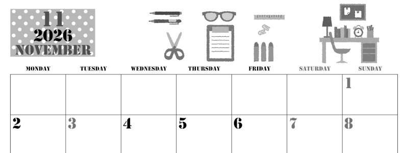 2026年11月横型モノクロの月曜始まり 文房具イラストのかわいいA4無料白黒カレンダー(2026-00291101)