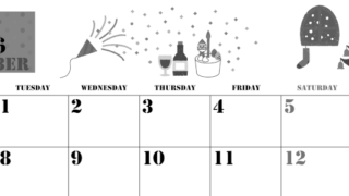 2026年12月横型モノクロの月曜始まり パーティーのイラストがかわいいA4無料白黒カレンダー(2026-00291201)