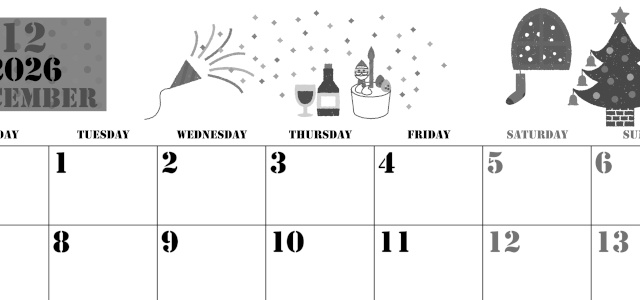 2026年12月横型モノクロの月曜始まり パーティーのイラストがかわいいA4無料白黒カレンダー(2026-00291201)