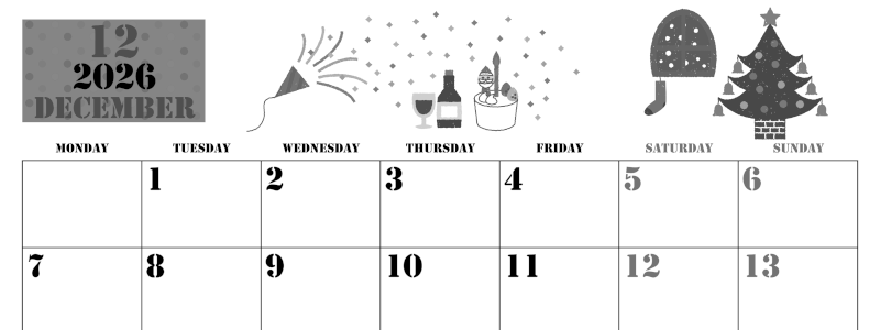 2026年12月横型モノクロの月曜始まり パーティーのイラストがかわいいA4無料白黒カレンダー(2026-00291201)