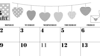 2026年2月横型モノクロの日曜始まり ラブレターイラストのかわいいA4無料白黒カレンダー(2026-00290200)