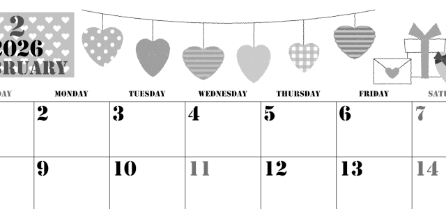 2026年2月横型モノクロの日曜始まり ラブレターイラストのかわいいA4無料白黒カレンダー(2026-00290200)