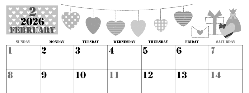 2026年2月横型モノクロの日曜始まり ラブレターイラストのかわいいA4無料白黒カレンダー(2026-00290200)