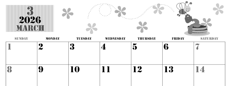 2026年3月横型モノクロの日曜始まり パンケーキイラストのかわいいA4無料白黒カレンダー(2026-00290300)