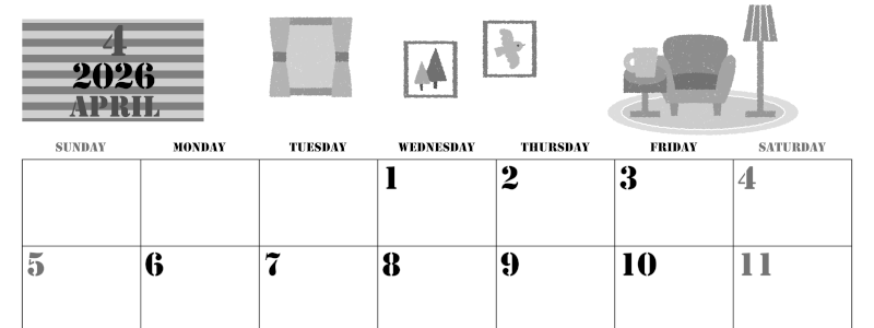 2026年4月横型モノクロの日曜始まり 新生活イラストのかわいいA4無料白黒カレンダー(2026-00290400)
