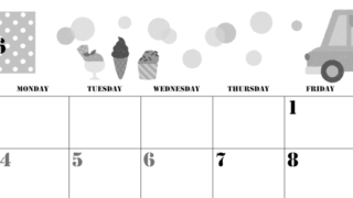 2026年5月横型モノクロの日曜始まり アイスクリームのイラストがかわいいA4無料白黒カレンダー(2026-00290500)