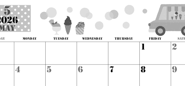 2026年5月横型モノクロの日曜始まり アイスクリームのイラストがかわいいA4無料白黒カレンダー(2026-00290500)