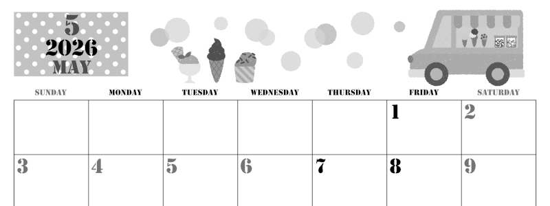 2026年5月横型モノクロの日曜始まり アイスクリームのイラストがかわいいA4無料白黒カレンダー(2026-00290500)