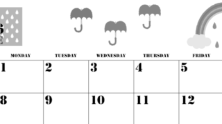 2026年6月横型モノクロの日曜始まり 虹イラストのかわいいA4無料白黒カレンダー(2026-00290600)