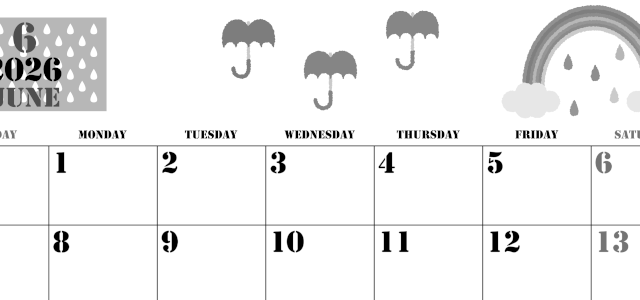 2026年6月横型モノクロの日曜始まり 虹イラストのかわいいA4無料白黒カレンダー(2026-00290600)