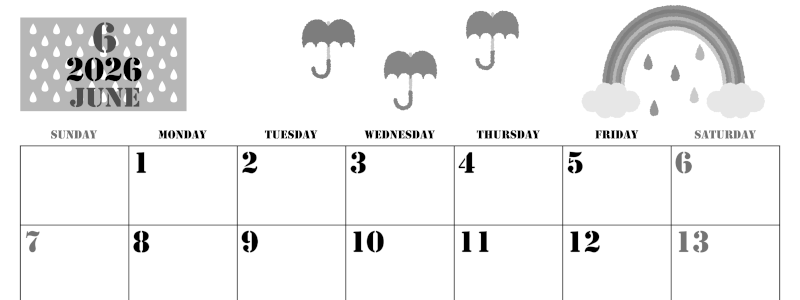 2026年6月横型モノクロの日曜始まり 虹イラストのかわいいA4無料白黒カレンダー(2026-00290600)