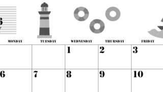 2026年7月横型モノクロの日曜始まり マリンなイラストのかわいいA4無料白黒カレンダー(2026-00290700)