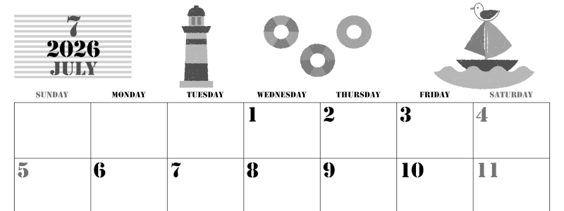 2026年7月横型モノクロの日曜始まり マリンなイラストのかわいいA4無料白黒カレンダー(2026-00290700)