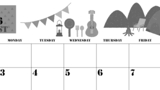 2026年8月横型モノクロの日曜始まり 夏休みイラストのかわいいA4無料白黒カレンダー(2026-00290800)