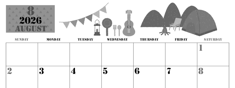 2026年8月横型モノクロの日曜始まり 夏休みイラストのかわいいA4無料白黒カレンダー(2026-00290800)