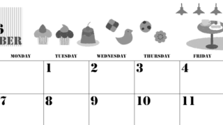 2026年9月横型モノクロの日曜始まり 食欲の秋イラストのかわいいA4無料白黒カレンダー(2026-00290900)