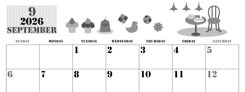 2026年9月横型モノクロの日曜始まり 食欲の秋イラストのかわいいA4無料白黒カレンダー(2026-00290900)