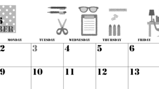 2026年11月横型モノクロの日曜始まり 文房具イラストのかわいいA4無料白黒カレンダー(2026-00291100)