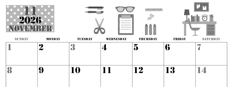 2026年11月横型モノクロの日曜始まり 文房具イラストのかわいいA4無料白黒カレンダー(2026-00291100)