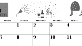 2026年12月横型モノクロの日曜始まり パーティーのイラストがかわいいA4無料白黒カレンダー(2026-00291200)