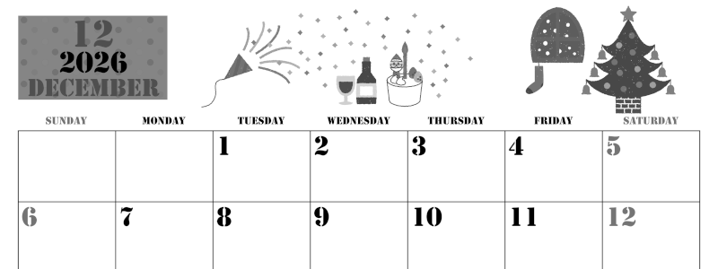 2026年12月横型モノクロの日曜始まり パーティーのイラストがかわいいA4無料白黒カレンダー(2026-00291200)