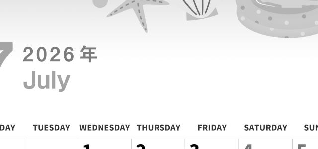 2026年7月縦型モノクロの月曜始まり 海のイラストのかわいいA4無料白黒カレンダー(2026-00300711)