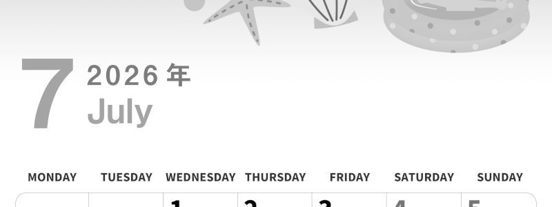 2026年7月縦型モノクロの月曜始まり 海のイラストのかわいいA4無料白黒カレンダー(2026-00300711)