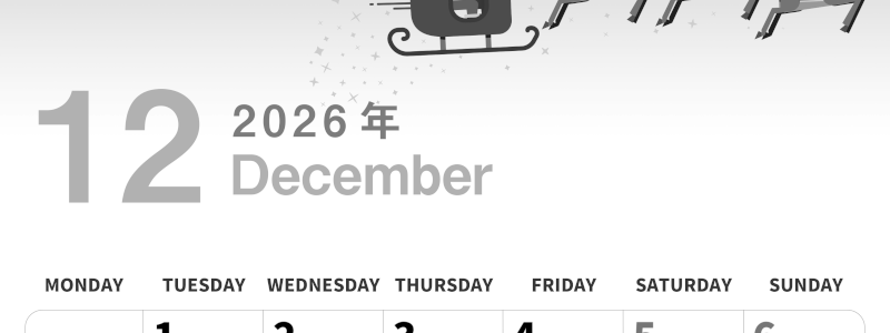 2026年12月縦型モノクロの月曜始まり トナカイのイラストがかわいいA4無料白黒カレンダー(2026-00301211)