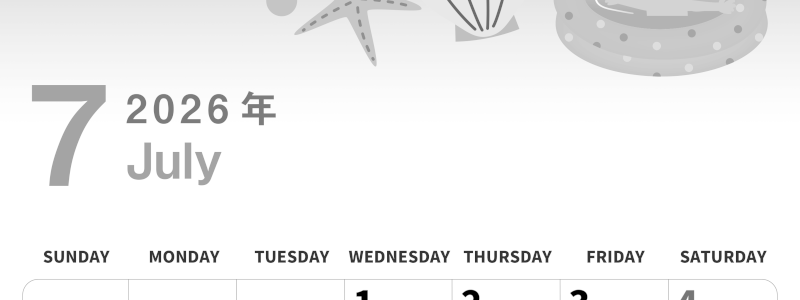 2026年7月縦型モノクロの日曜始まり 海のイラストのかわいいA4無料白黒カレンダー(2026-00300710)